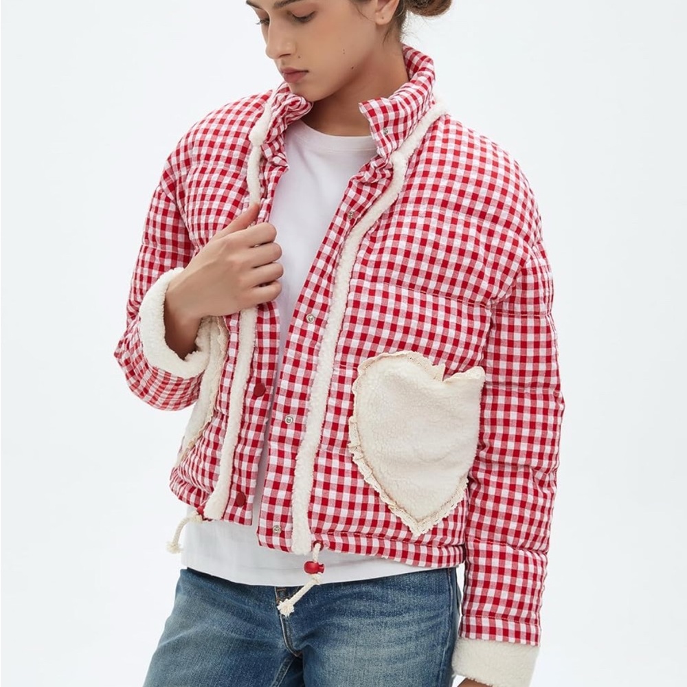 Red Checkered Gingham Heart Women's Jacket